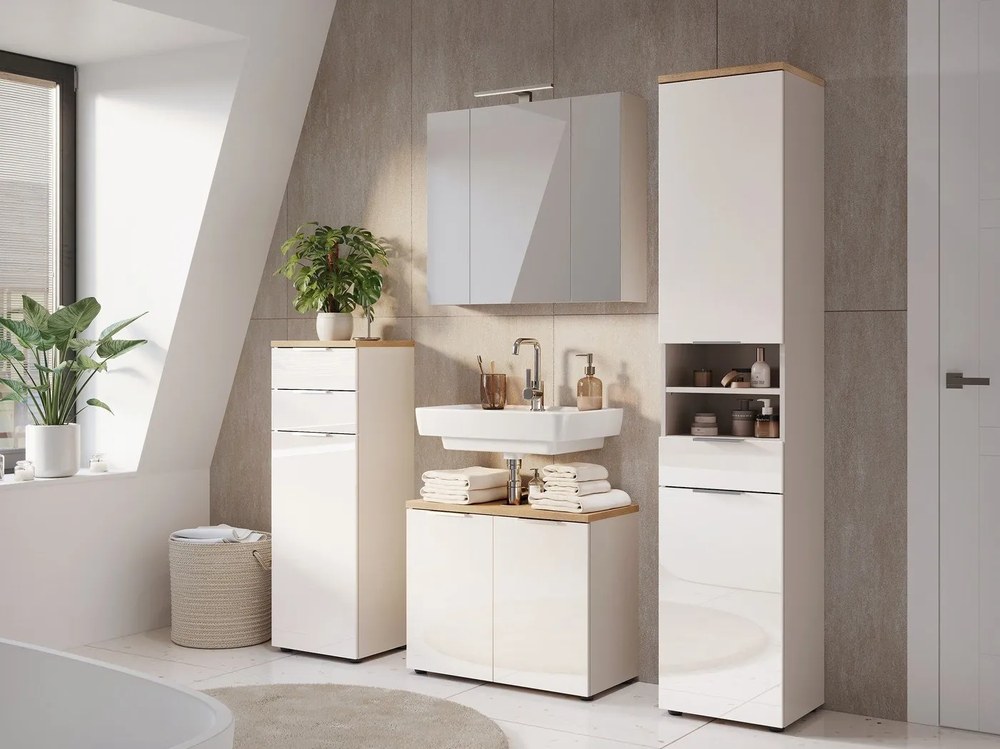 Кремав гланцов висок/тесен шкаф за баня 39x112 cm Tavira – Germania