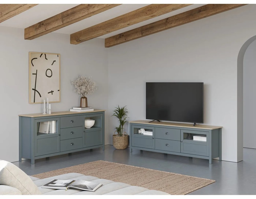 Маса за телевизор сиво-зелена от масивен бор 180x59x40 cm Misti – Marckeric