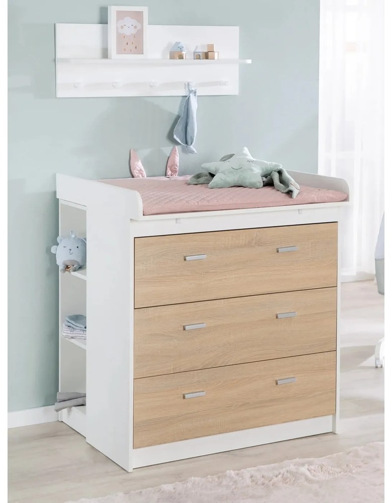 Висок детски скрин от дъб с масичка за преповиване в бял и естествен цвят 89x98 cm Gabriella - Roba
