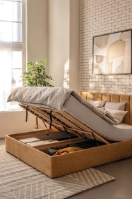 Тапицирано двойно легло с място за съхранение и включена подматрачна рамка в цвят горчица 160x200 cm Thessa Bold Line – Bonami Selection