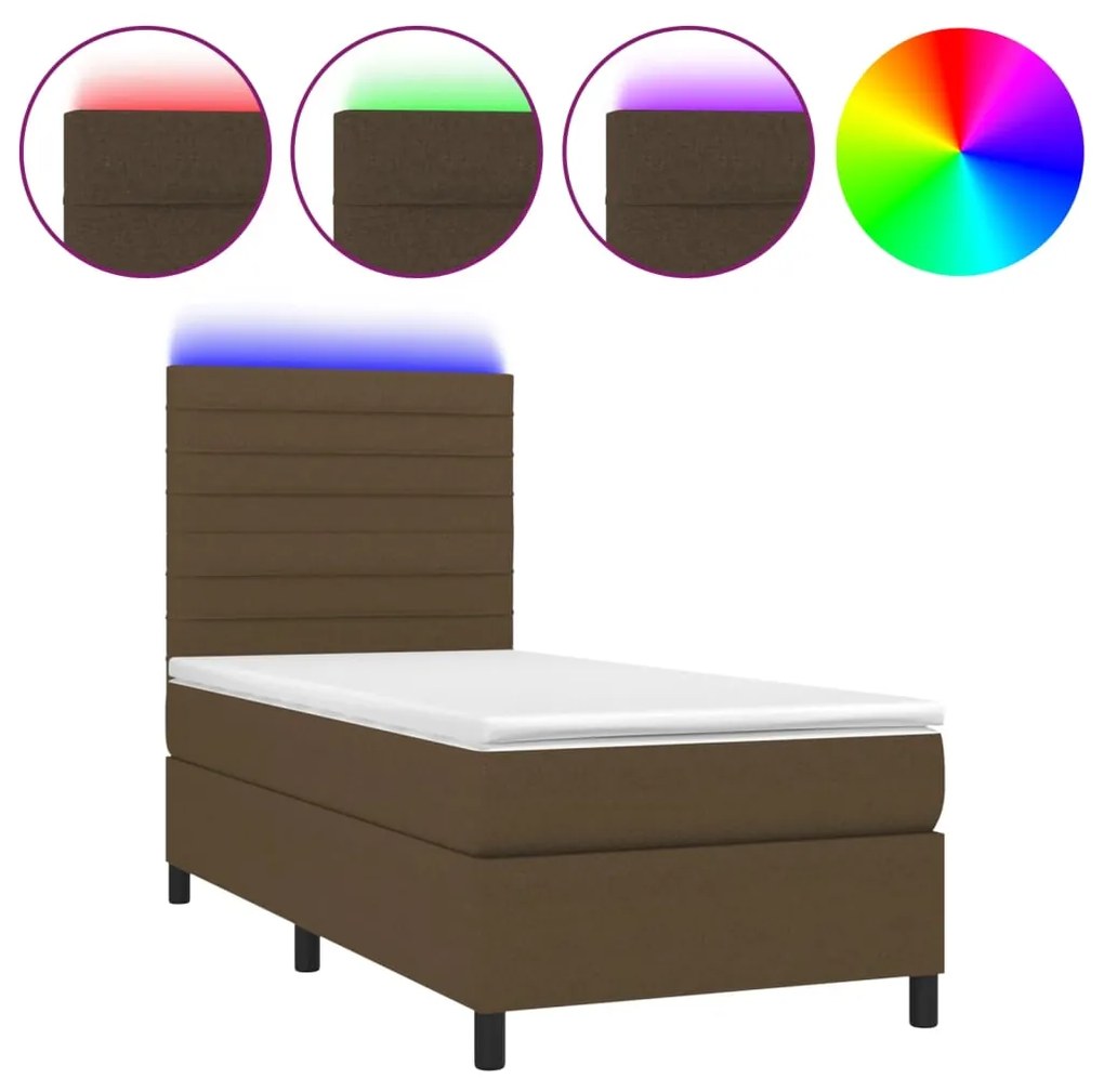 3134920 vidaXL Боксспринг легло с матрак и LED, тъмнокафява, 90x190 см, плат