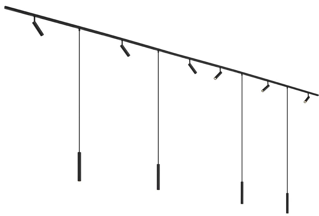 Модерна релсова система за осветление с 6 прожектора и 4 висящи лампи черна 1-фазна - Slimline Uzzy Keno