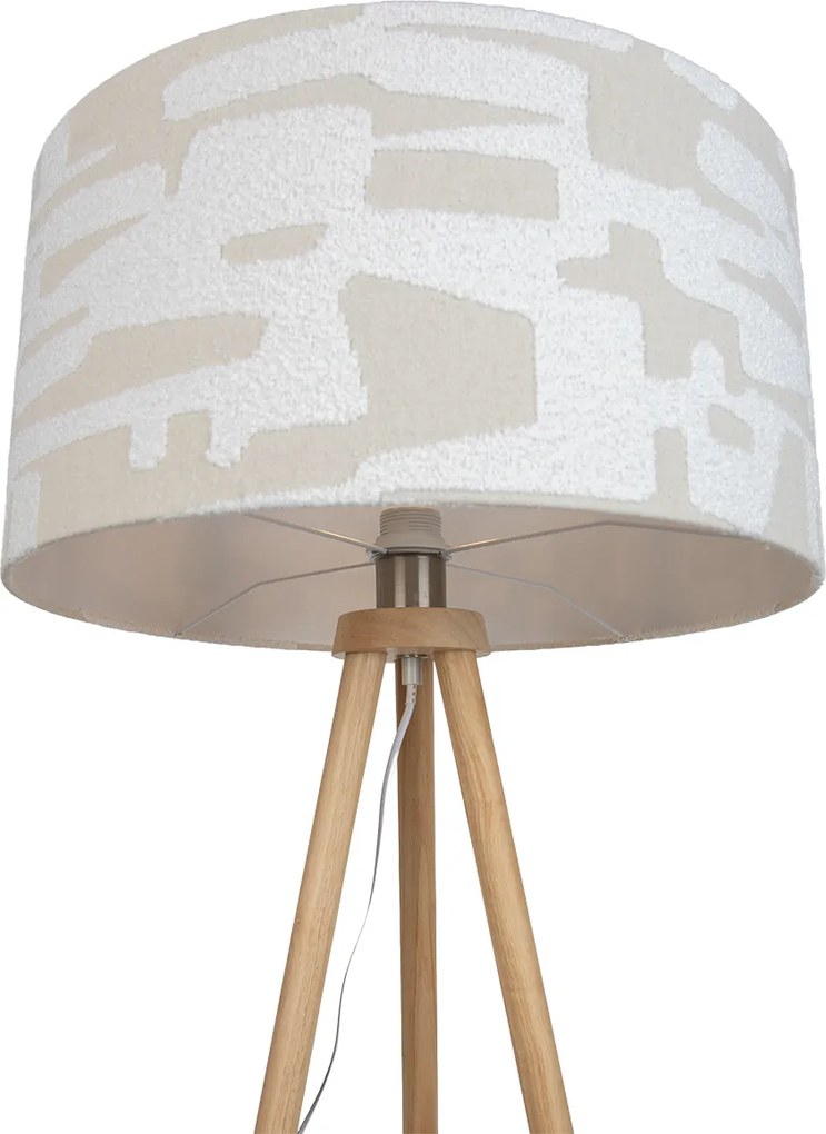 Дървена подова лампа тип триножник с бял и бежов раиран абажур 50 см - Lou