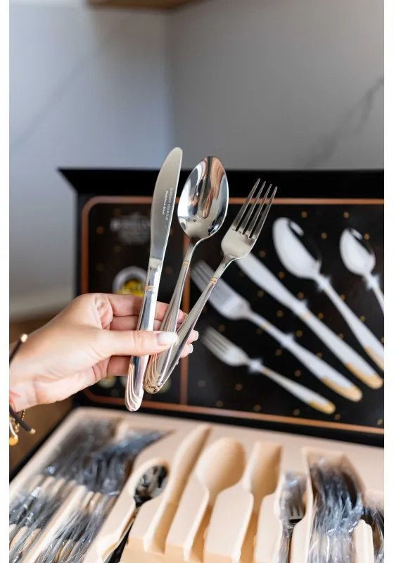 Комплект прибори за хранене Bohmann BP A30-GM, Кутия, 30 бр, Инокс/златист