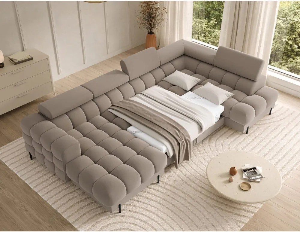 Светлокафяв кадифен разтегателен ъглов диван (десен ъгъл U форма) Feraria – ELTAP