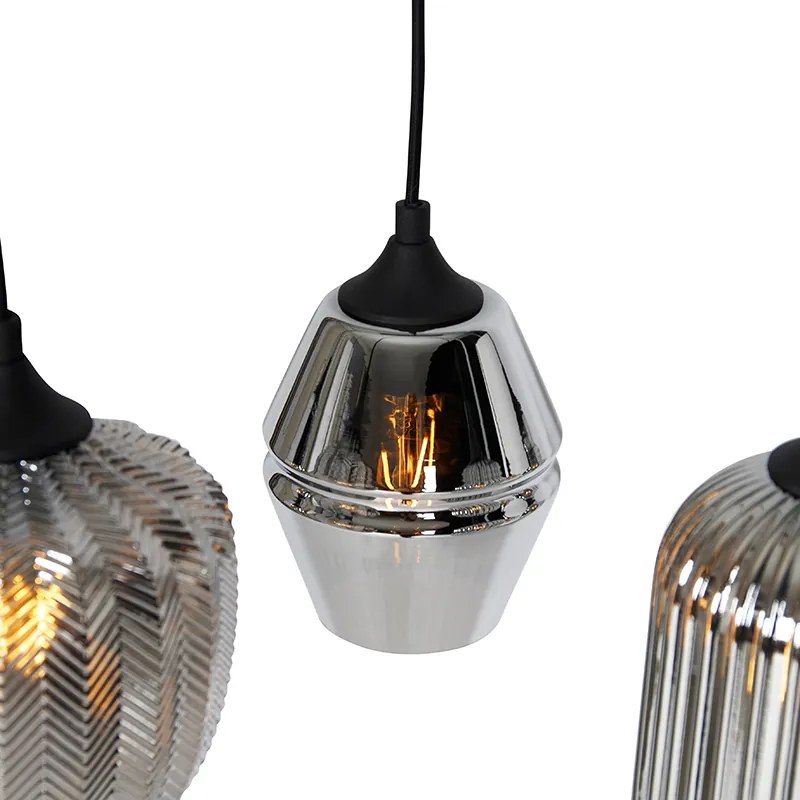 Висяща лампа в стил арт деко черна с опушено стъкло 8-светлина - Hanne