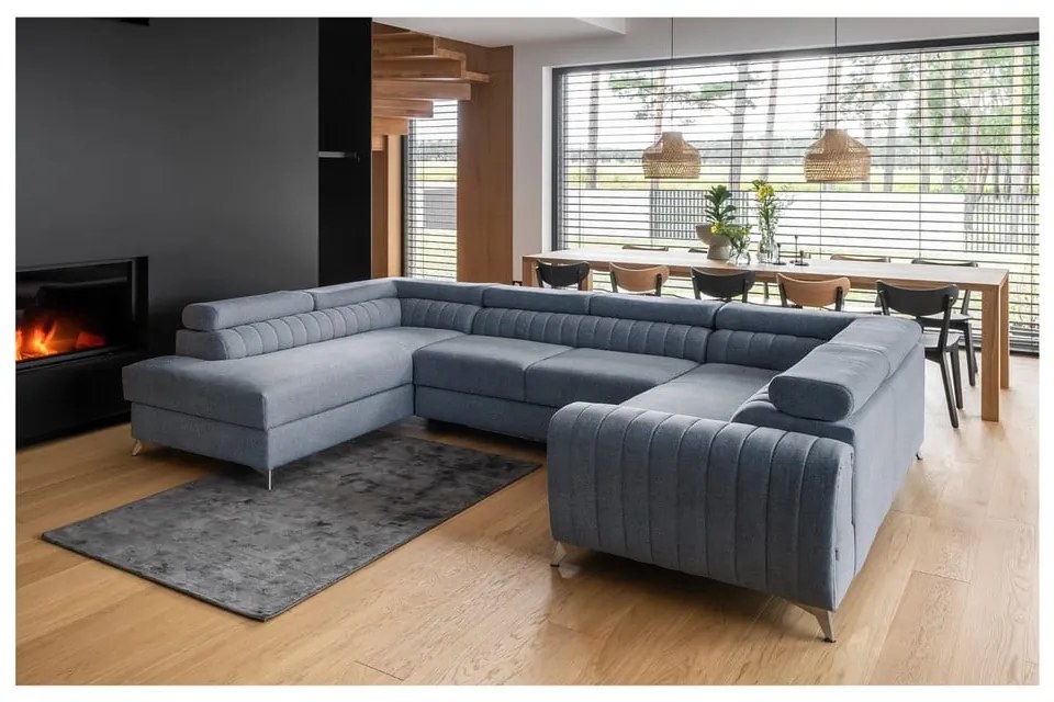 Син разтегателен ъглов диван с място за съхранение (ляв ъгъл U форма) Louis – ELTAP