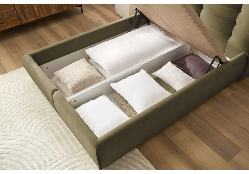 Тъмнозелено тапицирано двойно легло с място за съхранение с решетка 160x200 cm Clothilde - Bobochic Paris