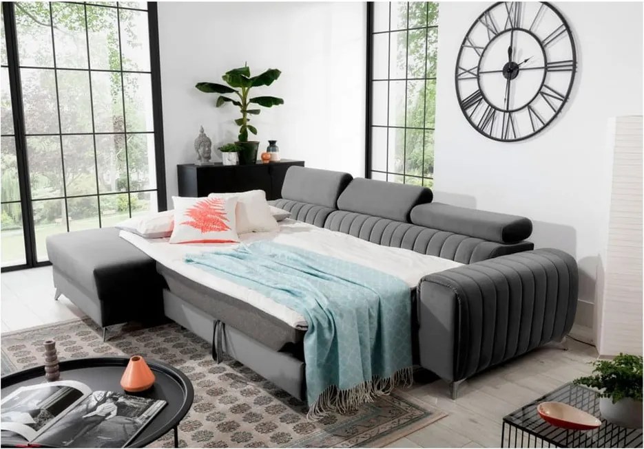 Сив кадифен разтегателен ъглов диван с място за съхранение (ляв ъгъл) Grayson – ELTAP