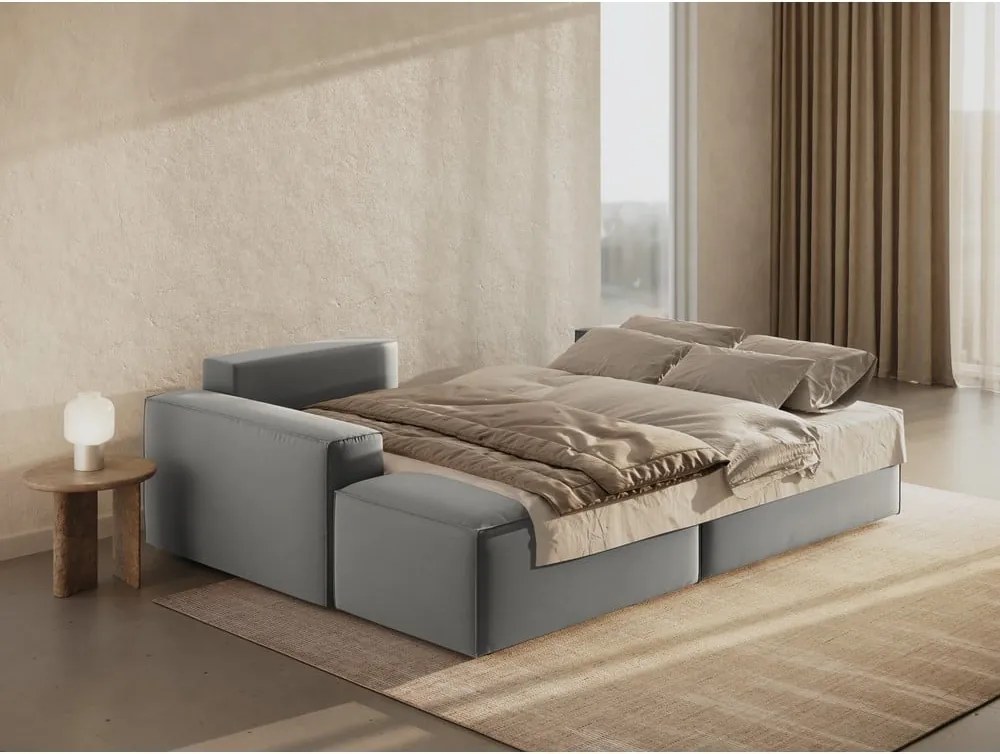 Светлосив кадифен разтегателен с място за съхранение ъглов диван (ляв ъгъл) Jodie – Micadoni