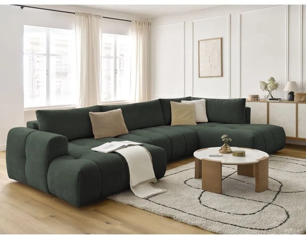 Зелен сгъваем/с място за съхранение ъглов диван (десен ъгъл/U форма) Fuji – Bobochic Paris