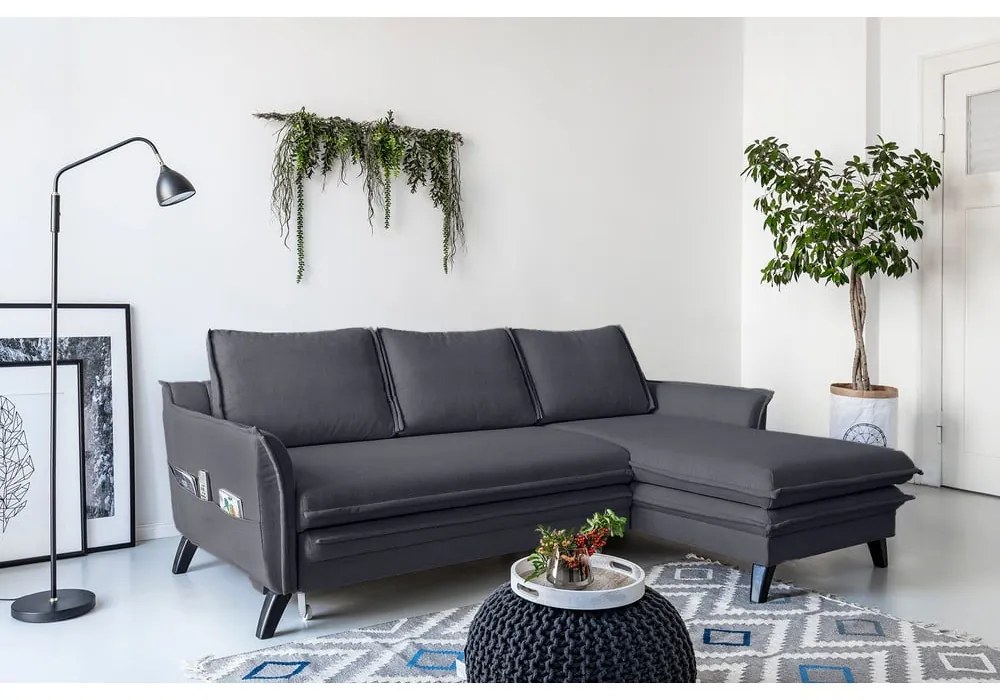 Антрацитен ъглов разтегателен диван, десен ъгъл Charming Charlie - Miuform