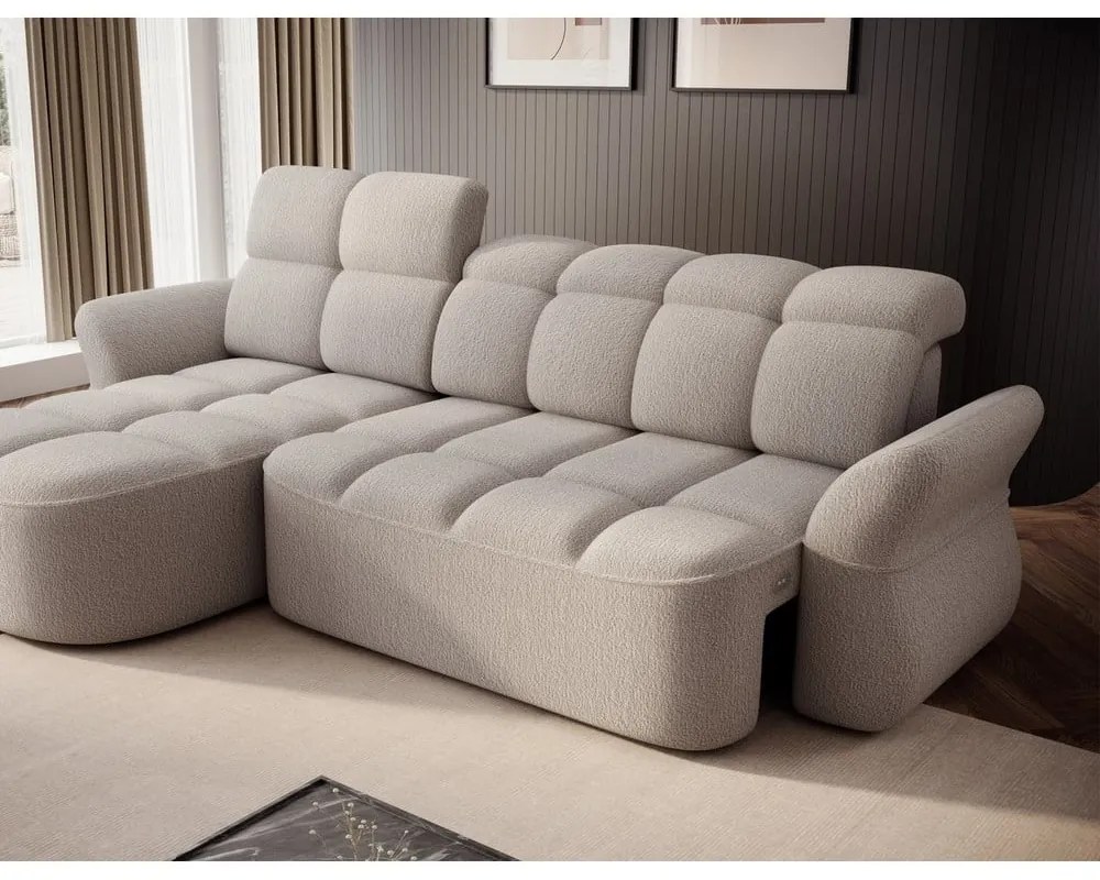 Бежов сгъваем/с място за съхранение ъглов диван от прежда с примки от букле (ляв ъгъл) Beneth – ELTAP