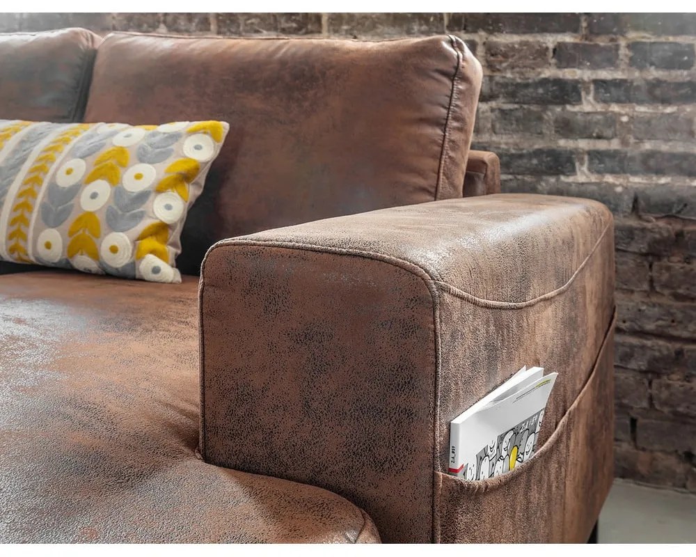 Кафяв U-образен разтегателен диван с имитация на кожа Vintage, ляв ъгъл Lofty Lilly - Miuform