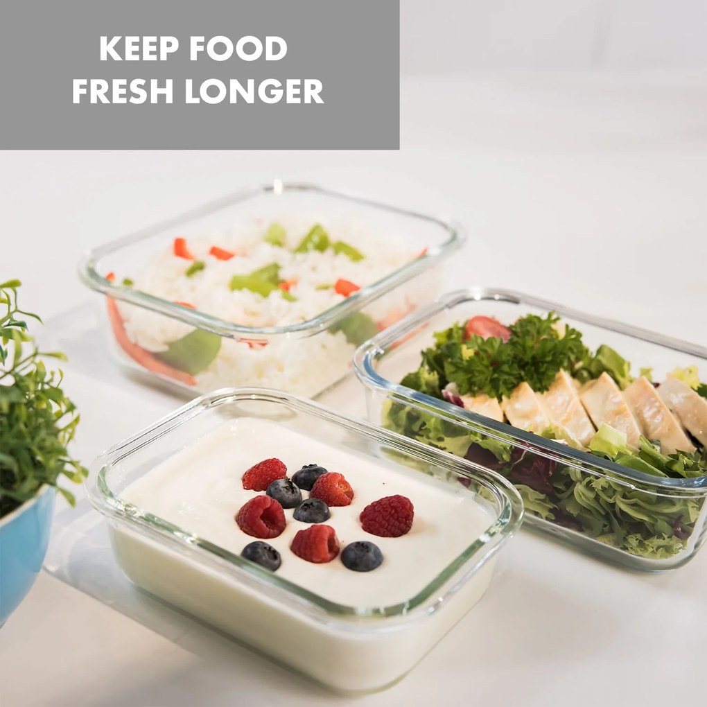 Klarstein Glaswerk Jardine, кутии за храна, комплект от 3 броя, 640, 1040 a 1520 ml, боросиликатно стъкло, капак