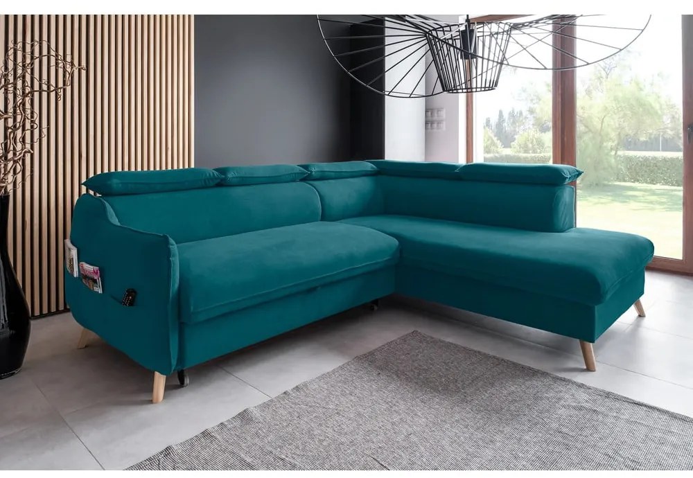 Ъглов разтегателен диван от тюркоазено кадифе (десен ъгъл) Sweet Harmony - Miuform