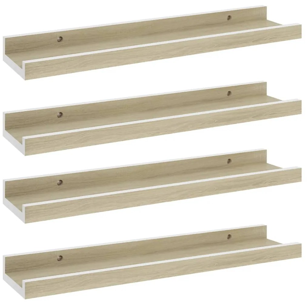 326694 vidaXL Стенни рафтове, 4 бр, бяло и сонома дъб, 40x9x3 см