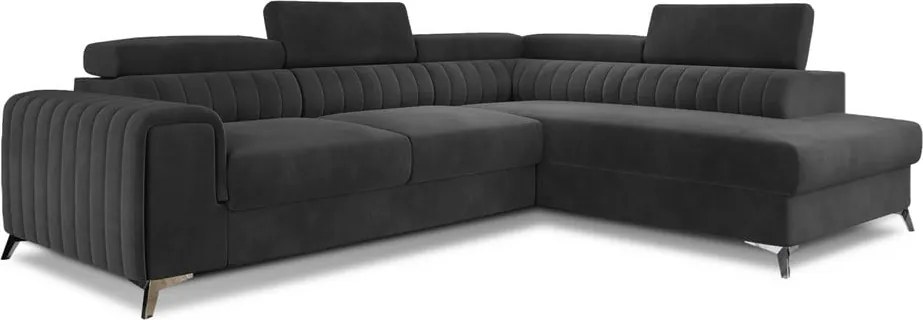 Тъмносив кадифен разтегателен ъглов диван с място за съхранение (десен ъгъл L форма) Laurence – ELTAP