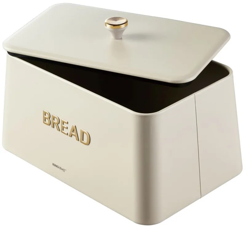 Кутия за хляб Kinghoff KH 1950, 35 см, Метално тяло, Бамбуков капак, Бежов/златист