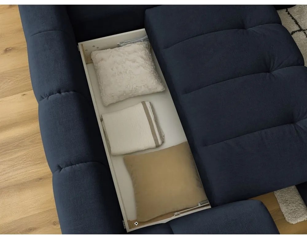 Тъмносин сгъваем/с място за съхранение ъглов диван (десен ъгъл/L форма) Fuji – Bobochic Paris