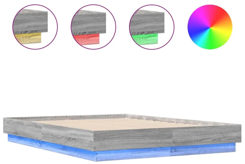 3209819 vidaXL Рамка за легло с LED осветление, сив сонома, 135x190 см