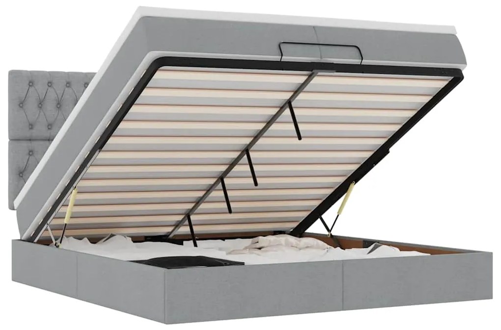 3314114 vidaXL Османска легло с матрак и LED, светлосиво, 200x200 см, плат