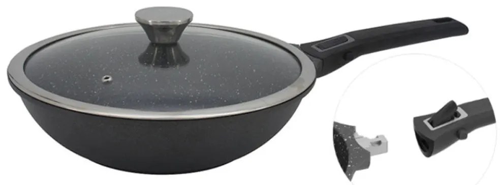 Уок тиган с капак и махаща се дръжка ZEPHYR ZP 4320 28NC, 28х8 см, Мраморно покритие, Индукция, Черен