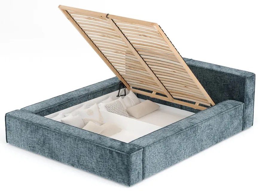 Сиво-синьо двойно легло 140x200 cm тапицирано с място за съхранение с включена подматрачна рамка Voliera – Maison de Rêve