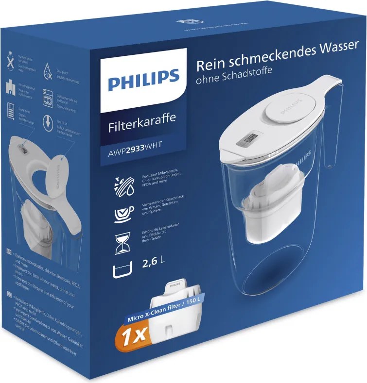 Филтрираща кана за вода Philips AWP2933WHT/58, 2.6 л, Дигитален таймер, Micro X-Clean, Бял