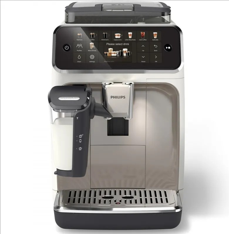 Кафеавтомат Philips LatteGo 5500 EP5543/90, 1500W, 15 bar, 1.8 л, 20 напитки, LatteGo, SilentBrew, QuickStart, Керамична мелачка, Сензорен екран, Бял хром