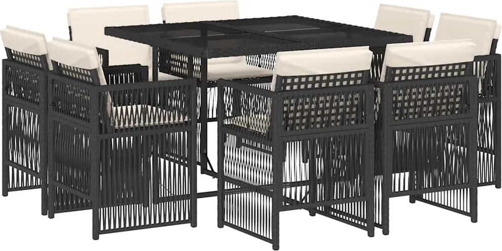 3211014 vidaXL Градински трапезен комплект възглавници 9 части черен полиратан