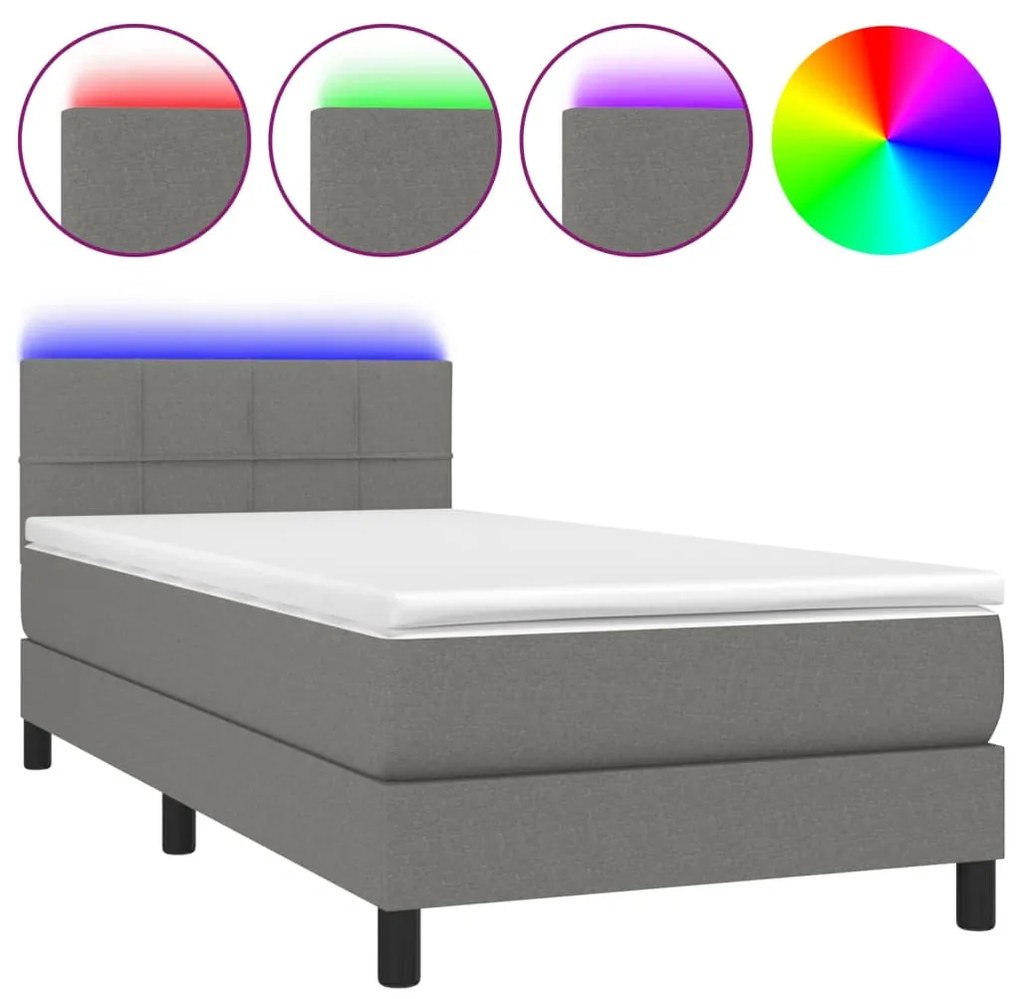 3133110 vidaXL Боксспринг легло с матрак и LED, тъмносиво, 80x200 см, плат