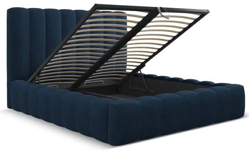 Тъмносиньо тапицирано двойно легло с място за съхранение с включена подматрачна рамка 180x200 cm Kelp – Micadoni Home