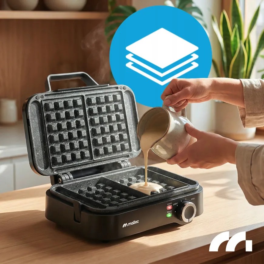 Вафелник MalTec 1200 W – за 2 големи вафли, регулируема температура, мраморна незалепваща повърхност