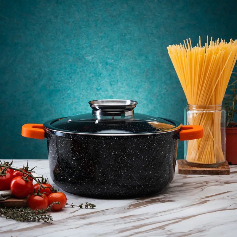 Съд за печене-ростер Oliver Voltz OV54323C28A, 28х11 см, 6.5 л, Стъклен капак, Мраморно покритие, Индукция, Черен