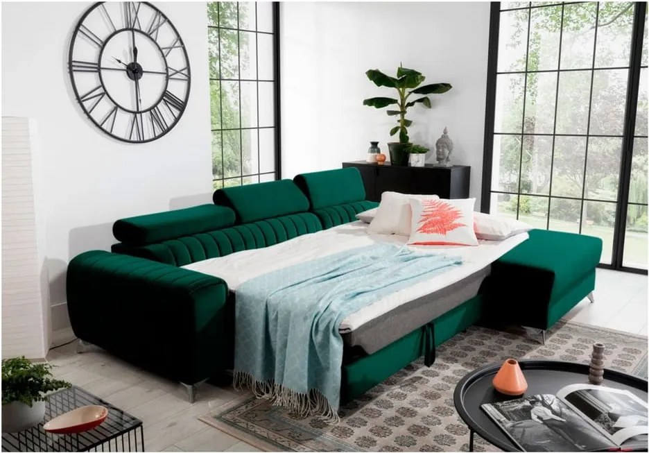 Зелен кадифен разтегателен ъглов диван с място за съхранение (десен ъгъл) Grayson – ELTAP