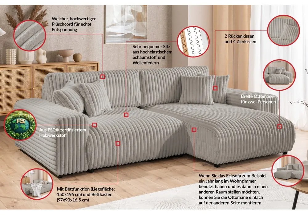 Светлосив разтегателен ъглов диван от рипсено кадифе с място за съхранение (десен ъгъл) Sarina – Ropez