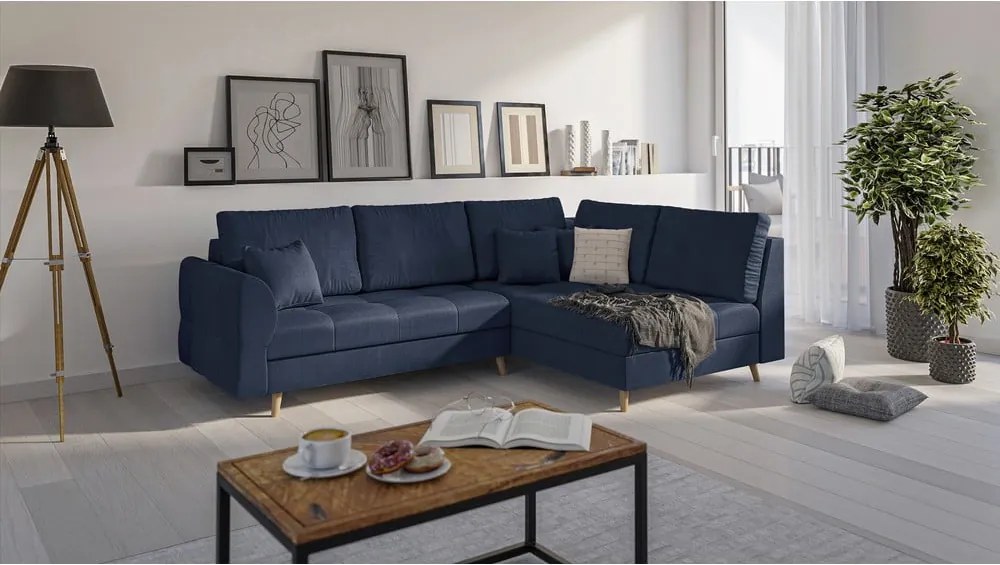 Тъмносин ъглов диван (десен ъгъл) Ariella - Ropez