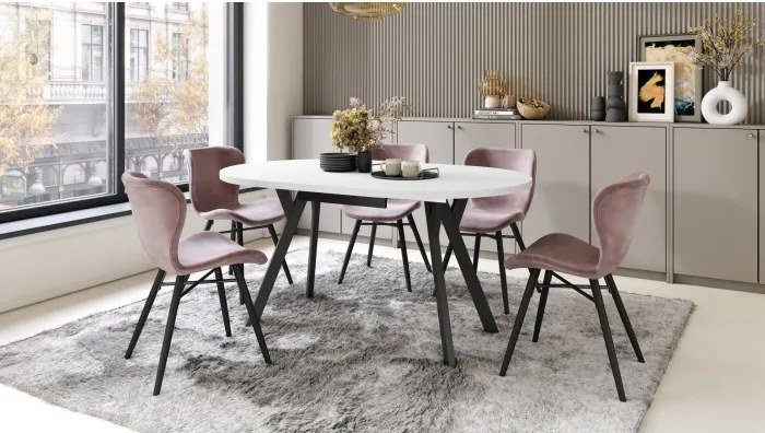 АЛMО Бял мат/черни крака - КРЪГЛА РАЗТЕГАТЕЛНА МАСА С Y-ОБРАЗНИ КРАКА В ЛОФТ/ИНДУСТРИАЛЕН СТИЛ ЗА ХОЛ ИЛИ ТРАПЕЗАРИЯ