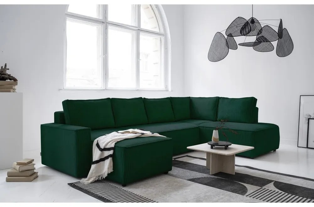Тъмнозелен разтегателен ъглов диван от рипсено кадифе (десен ъгъл/"U" форма) Brave Dave – Miuform