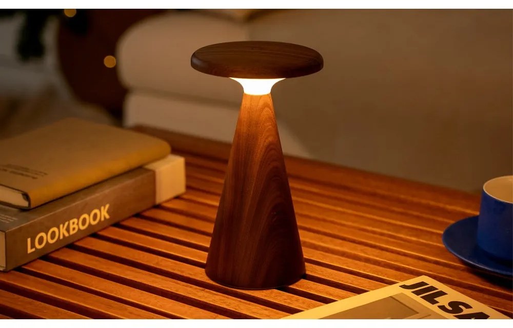 LED настолна лампа в тъмно естествен цвят с дървен абажур (височина 21 cm) Sylva – Gingko