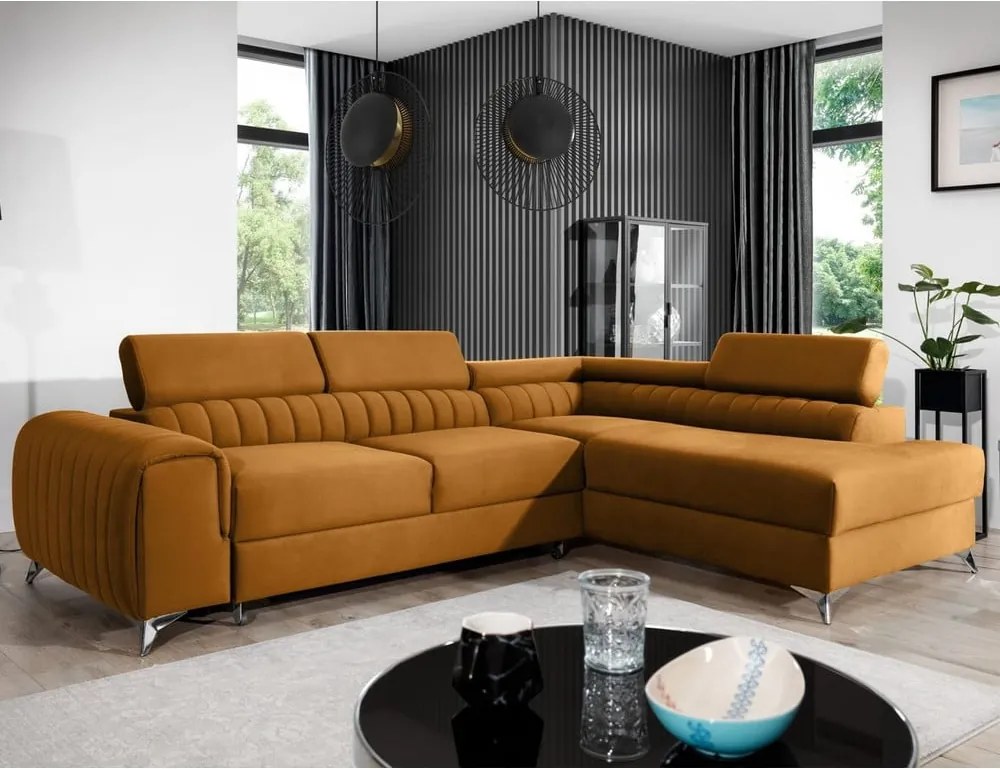 Жълт кадифен разтегателен ъглов диван с място за съхранение (десен ъгъл L форма) Laurence – ELTAP