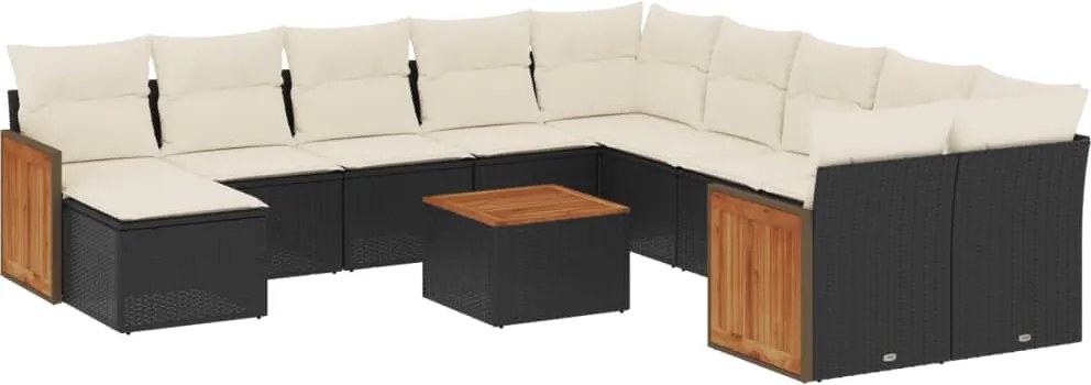 3228254 vidaXL Градински диван с възглавници, 12 части, черен, полиратан