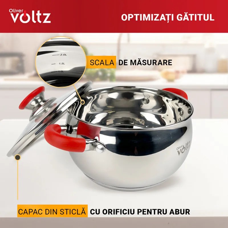 Тенджера Oliver Voltz OV51210N24, 24 см, 6 л, Индукция, Силиконови дръжки, Инокс/червен