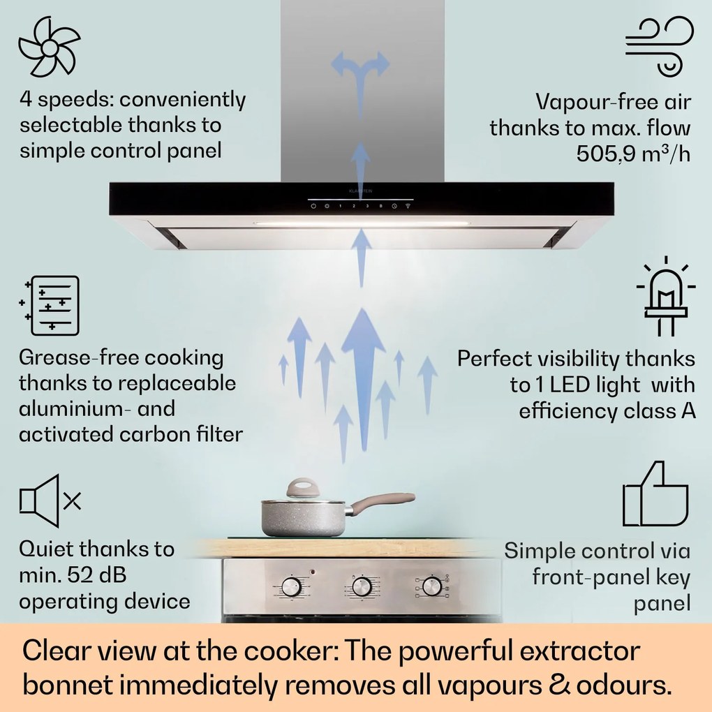 Klarstein Alinea 90 Smart, абсорбастор, 90 см, стенен, WiFi, A++, 500 м³/ч, сензорен дисплей