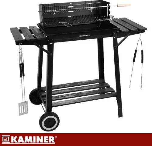 Градинска скара на дървени въглища с шиш, горна решетка и рафтове