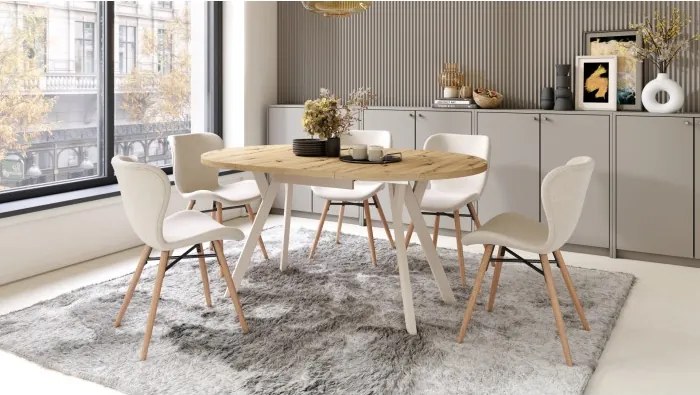 АЛМО Дъб Артисан/бежови крака - КРЪГЛА РАЗТЕГАТЕЛНА МАСА С Y-ОБРАЗНИ КРАКА В ЛОФТ/ИНДУСТРИАЛЕН СТИЛ ЗА ХОЛ ИЛИ ТРАПЕЗАРИЯ