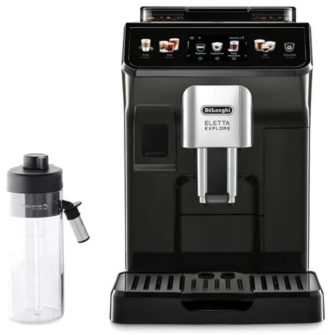 Кафеавтомат DeLonghi Eletta Explore ECAM450.65.G, 1450W, 19 bar, 1.8l, Wi-Fi, Сензорен TFT дисплей, LatteCrema hot/cool, Twin Shot, To-Go, +Мляно кафе, Черен/сив