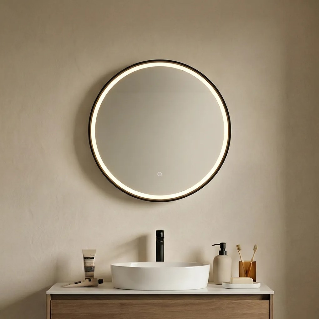Огледало за баня черно 50 см с LED 3-степенно димиране с докосване кръгло - Miral
