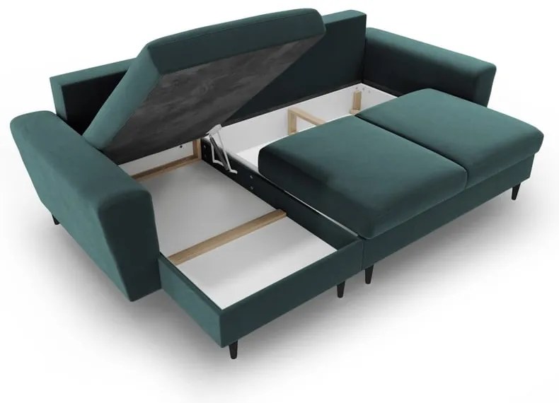 Кадифен разтегателен ъглов диван с място за съхранение в петролен цвят Kyoto – Cosmopolitan Design